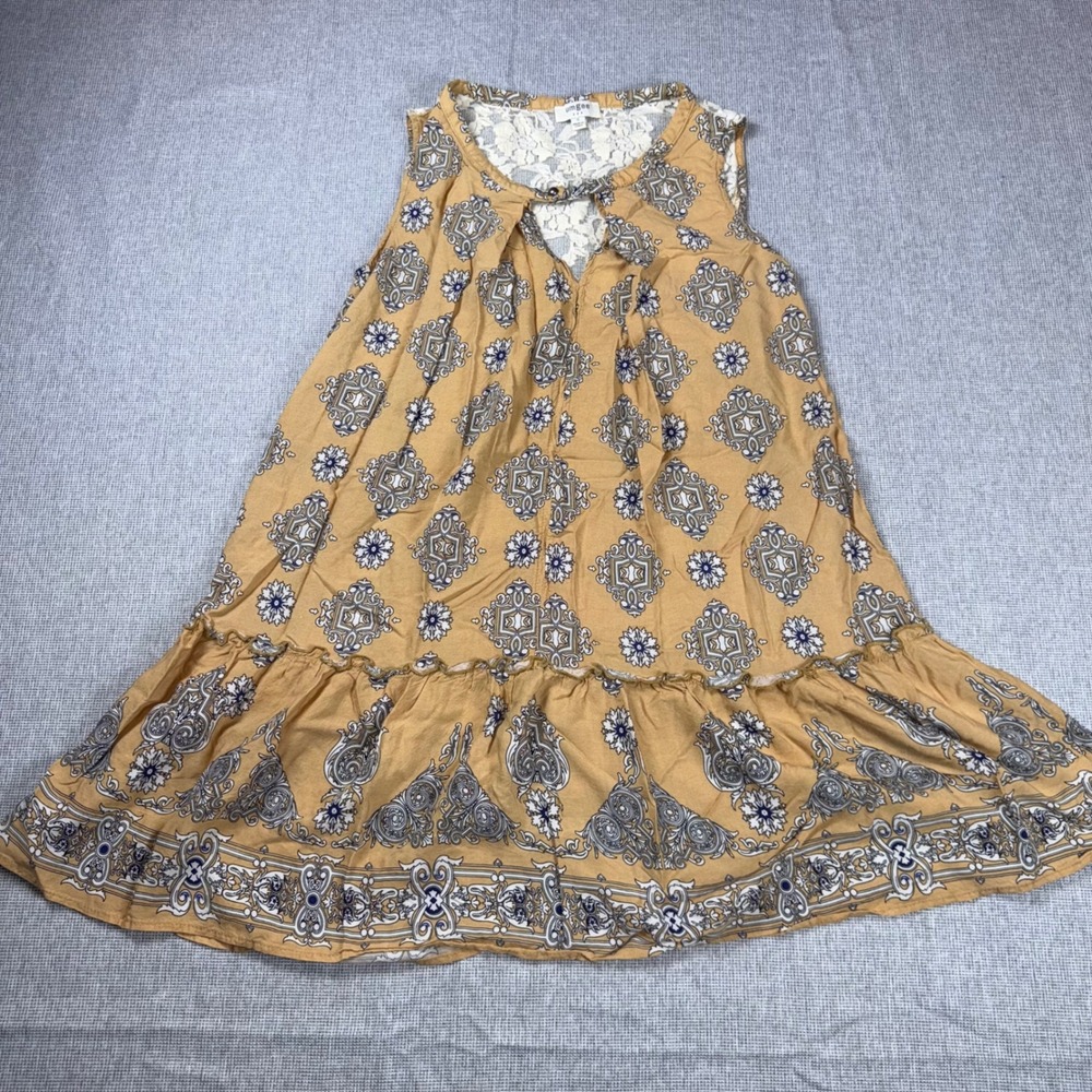 Umgee Medallion Print Lace Back Sleeveless Tunic Top Mustard Yellow Small D8113